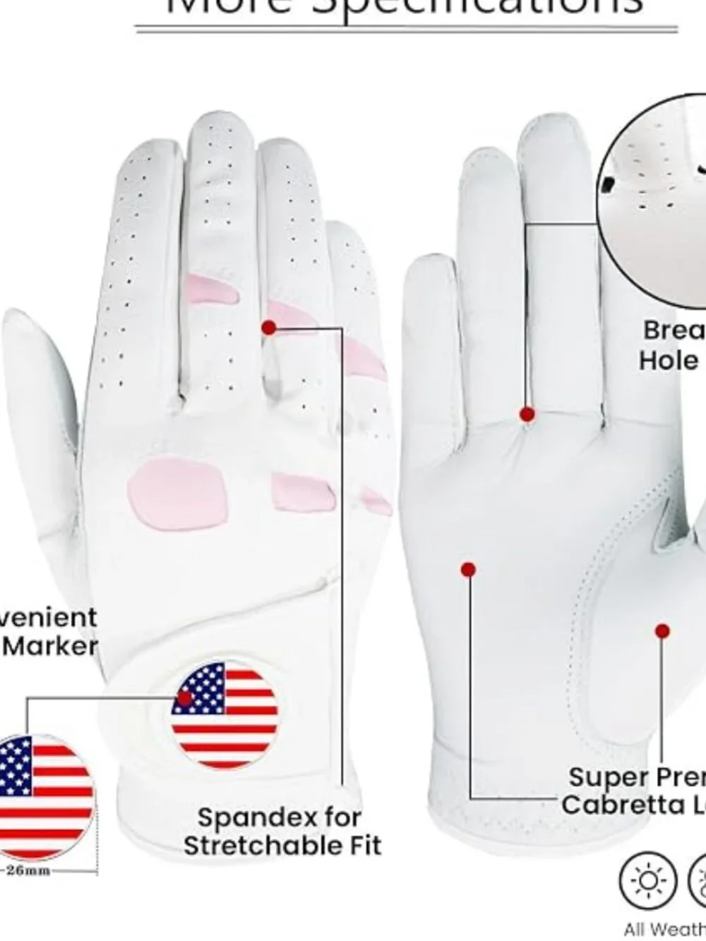 Amy Sport Women's White & Pink Leather Left Handed Golf Gloves Ball Marker 2pk-S